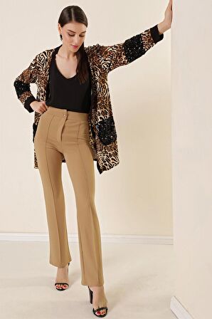 Yüksek Bel Örme Krep Çımalı Palazzo Pantolon Vizon