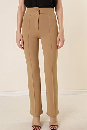 Yüksek Bel Örme Krep Çımalı Palazzo Pantolon Vizon