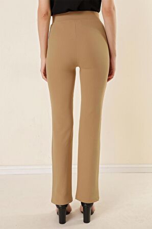 Yüksek Bel Örme Krep Çımalı Palazzo Pantolon Vizon