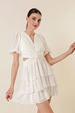 Bel Dekolteli Arkası Çapraz İpli Kat Kat Şifon Elbise Ekru