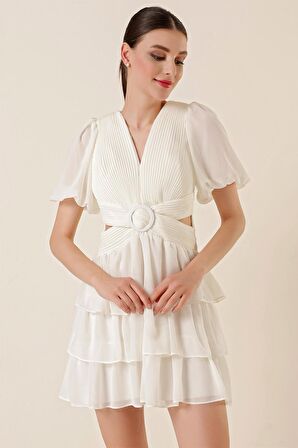 Bel Dekolteli Arkası Çapraz İpli Kat Kat Şifon Elbise Ekru