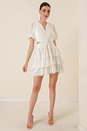 Bel Dekolteli Arkası Çapraz İpli Kat Kat Şifon Elbise Ekru