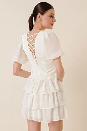 Bel Dekolteli Arkası Çapraz İpli Kat Kat Şifon Elbise Ekru