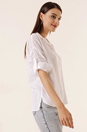 Önden Düğmeli Polo Yaka Kolları Katlamalı Düğmeli Gömlek