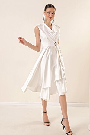 Kruvaze Yaka Bağcıklı Saten Elbise Ekru