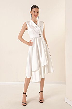 Kruvaze Yaka Bağcıklı Saten Elbise Ekru