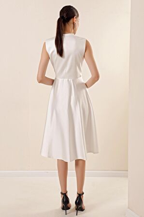 Kruvaze Yaka Bağcıklı Saten Elbise Ekru