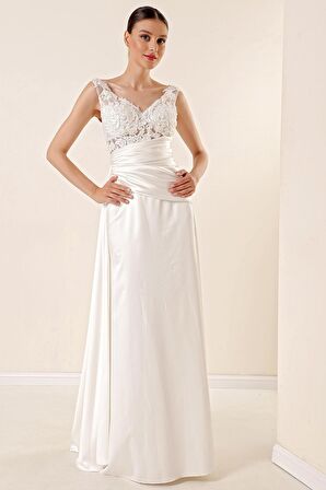 Üstü Boncuklu Güpür Transparan DrapeliAstarlı Uzun Saten Elbise Ekru