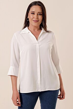 Polo Yaka Broşlu Çeyrek Kol Büyük Beden Bluz Beyaz