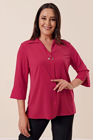 Polo Yaka Broşlu Çeyrek Kol Büyük Beden Bluz Kırmızı