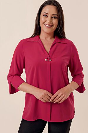 Polo Yaka Broşlu Çeyrek Kol Büyük Beden Bluz Kırmızı