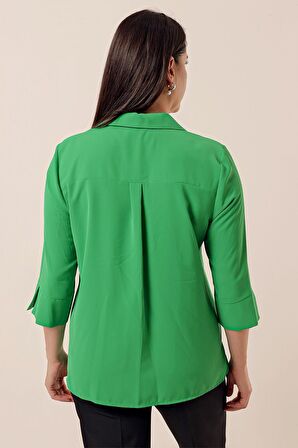 Polo Yaka Broşlu Çeyrek Kol Büyük Beden Bluz Yeşil