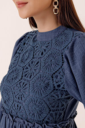 Güpürlü Keten Efekt Uzun Elbise