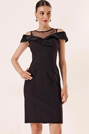 Üst Transparan Tüllü Yakası Pul Payet Elbise Siyah