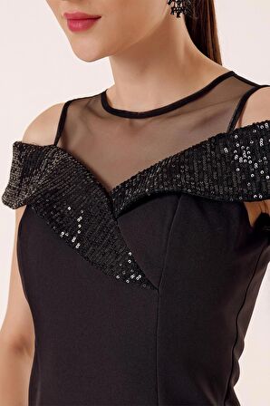 Üst Transparan Tüllü Yakası Pul Payet Elbise Siyah