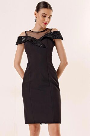 Üst Transparan Tüllü Yakası Pul Payet Elbise Siyah