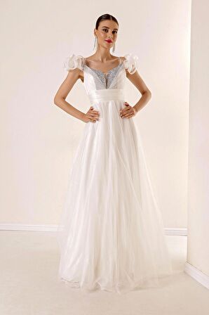 Ön Arka V Yaka İp Askılı Düşük Kollu Önü Taş Detaylı Astarlı Uzun Tül Elbise Krem