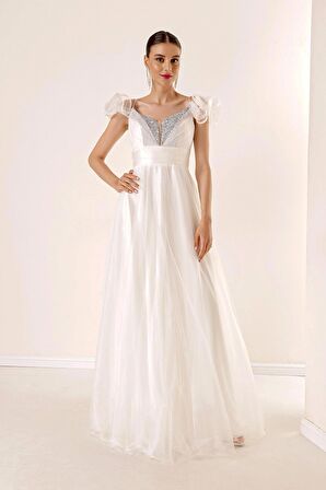 Ön Arka V Yaka İp Askılı Düşük Kollu Önü Taş Detaylı Astarlı Uzun Tül Elbise Krem