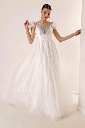 Ön Arka V Yaka İp Askılı Düşük Kollu Önü Taş Detaylı Astarlı Uzun Tül Elbise Krem