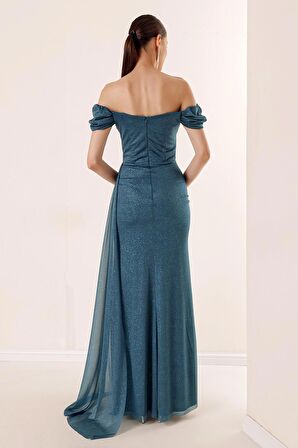 Önü Büzgülü Düşük Kol Astarlı Simli Uzun Elbise Petrol