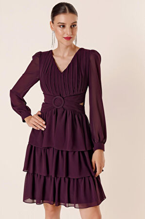 Şifon Gloplu Bel Ve Sırt Dekolteli Kat Kat Elbise