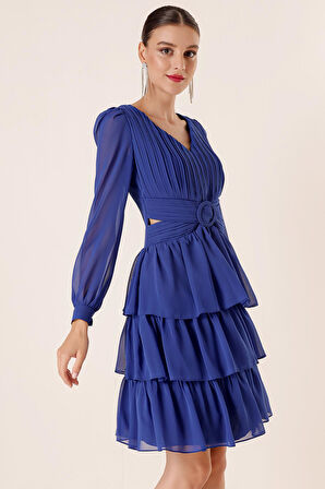 Şifon Gloplu Bel Ve Sırt Dekolteli Kat Kat Elbise