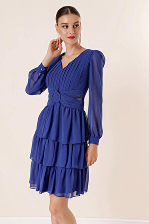 Şifon Gloplu Bel Ve Sırt Dekolteli Kat Kat Elbise