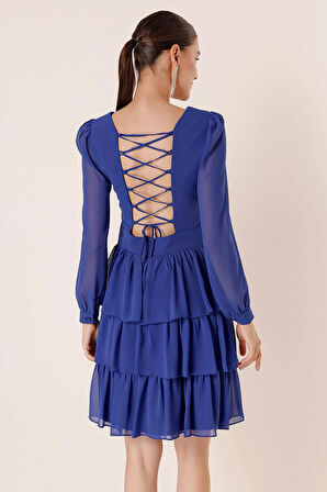 Şifon Gloplu Bel Ve Sırt Dekolteli Kat Kat Elbise