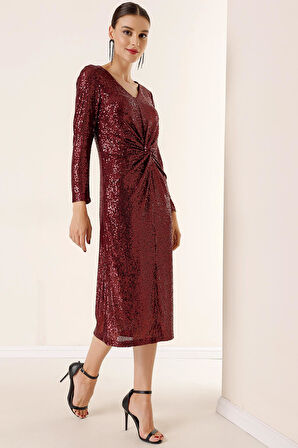 V Yaka Önü Büzgülü Astarlı Pulpayet Elbise