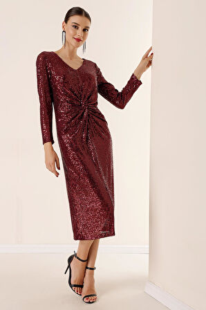 V Yaka Önü Büzgülü Astarlı Pulpayet Elbise