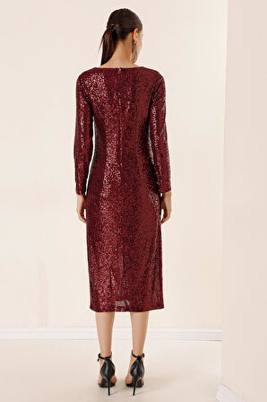 V Yaka Önü Büzgülü Astarlı Pulpayet Elbise