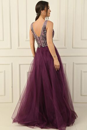 Taş Ve Boncuk İşlemeli Astarlı Uzun Tül Elbise