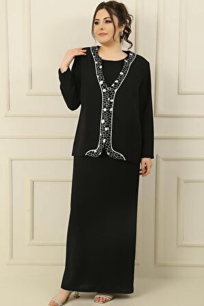 Kolsuz Astarlı Uzun Elbise Önü Varaklı Pullu Ceket Büyük Beden Krep 2'li Takım