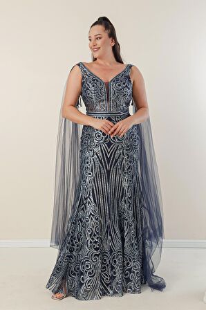 Omuzdan Tül Şallı Astarlı Büyük Beden Simli Uzun Elbise