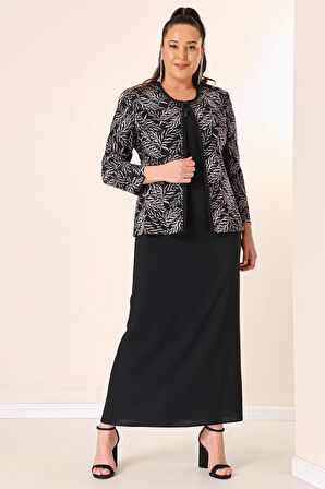 Yakası Boncuk Nakışlı Uzun Elbise Boncuk Pul Nakışlı Ceket Astarlı Büyük Beden 2'li Takım