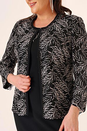 Yakası Boncuk Nakışlı Uzun Elbise Boncuk Pul Nakışlı Ceket Astarlı Büyük Beden 2'li Takım