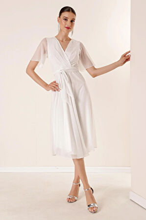 Kruvaze Yaka Beli Kuşaklı Astarlı Simli Tül Elbise