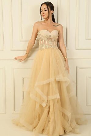 Üstü Boncuk İşlemeli Transparan Kat Kat Tül Tafta Uzun Abiye Elbise