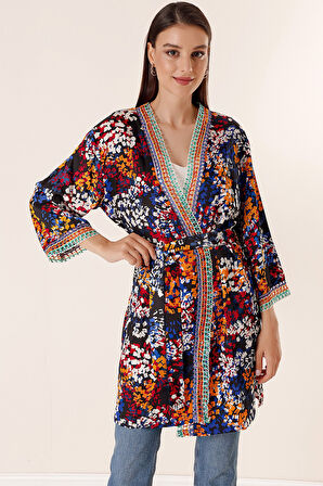 Karışık Desenli Saten Uzun Kimono Ceket