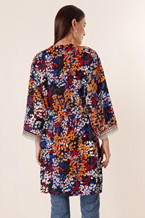 Karışık Desenli Saten Uzun Kimono Ceket
