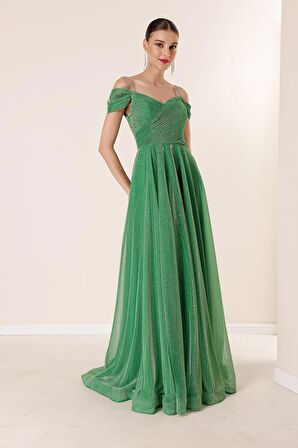 Askılı Düşük Kollu Astarlı Geniş Beden Aralıklı Uzun Simli Elbise