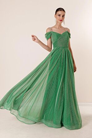 Askılı Düşük Kollu Astarlı Geniş Beden Aralıklı Uzun Simli Elbise