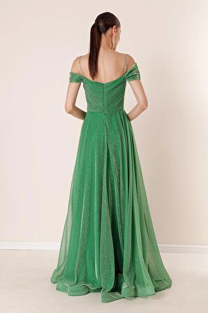 Askılı Düşük Kollu Astarlı Geniş Beden Aralıklı Uzun Simli Elbise