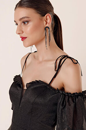 Yakası Piliseli Balon Kollu Astarlı Simli Uzun Elbise