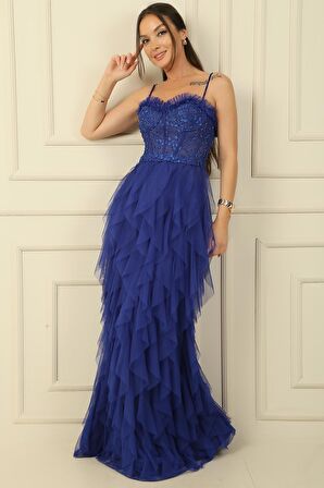 Boncuk İp Askılı Straplez Mendil Saçaklı Astarlı Uzun Tül Elbise