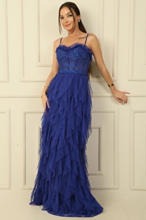 Boncuk İp Askılı Straplez Mendil Saçaklı Astarlı Uzun Tül Elbise