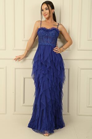 Boncuk İp Askılı Straplez Mendil Saçaklı Astarlı Uzun Tül Elbise