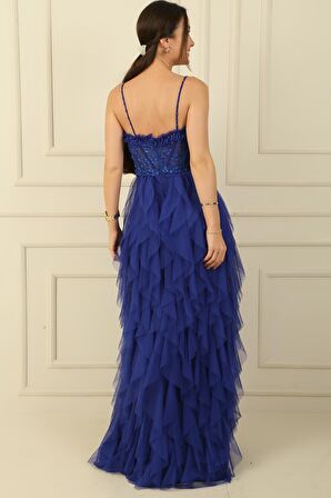 Boncuk İp Askılı Straplez Mendil Saçaklı Astarlı Uzun Tül Elbise