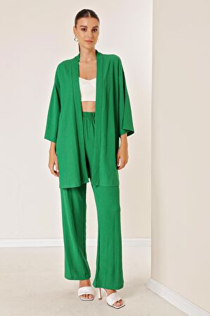 Bürümcük Pantolonu Cepli Kimono Takım Yeşil