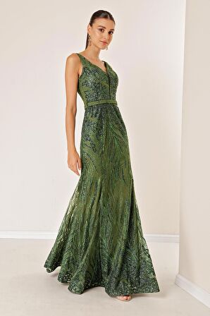 Kalın Askılı Hayalet Tüllü Astarlı Simli Uzun Elbise Haki